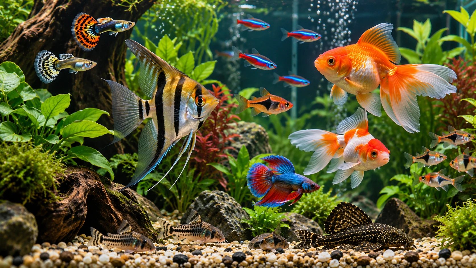 Peces de acuario: guppys, neones, escalar, betta y goldfish