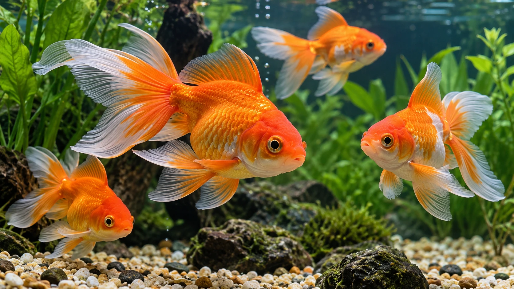 Goldfish de colores en un acuario plantado